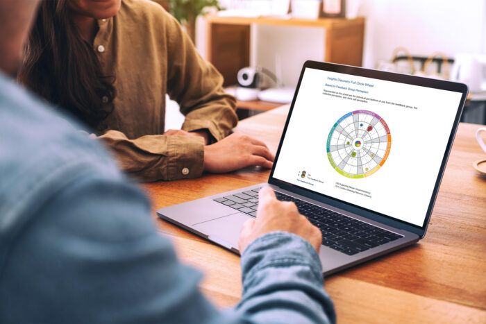 Kaks inimest vaatavad sülearvutist Insights Discovery Full Circle ratast, kus on osaleja enda ja hindajate taju